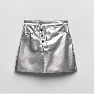 Zara Metallic Silver Denim Mini Skirt